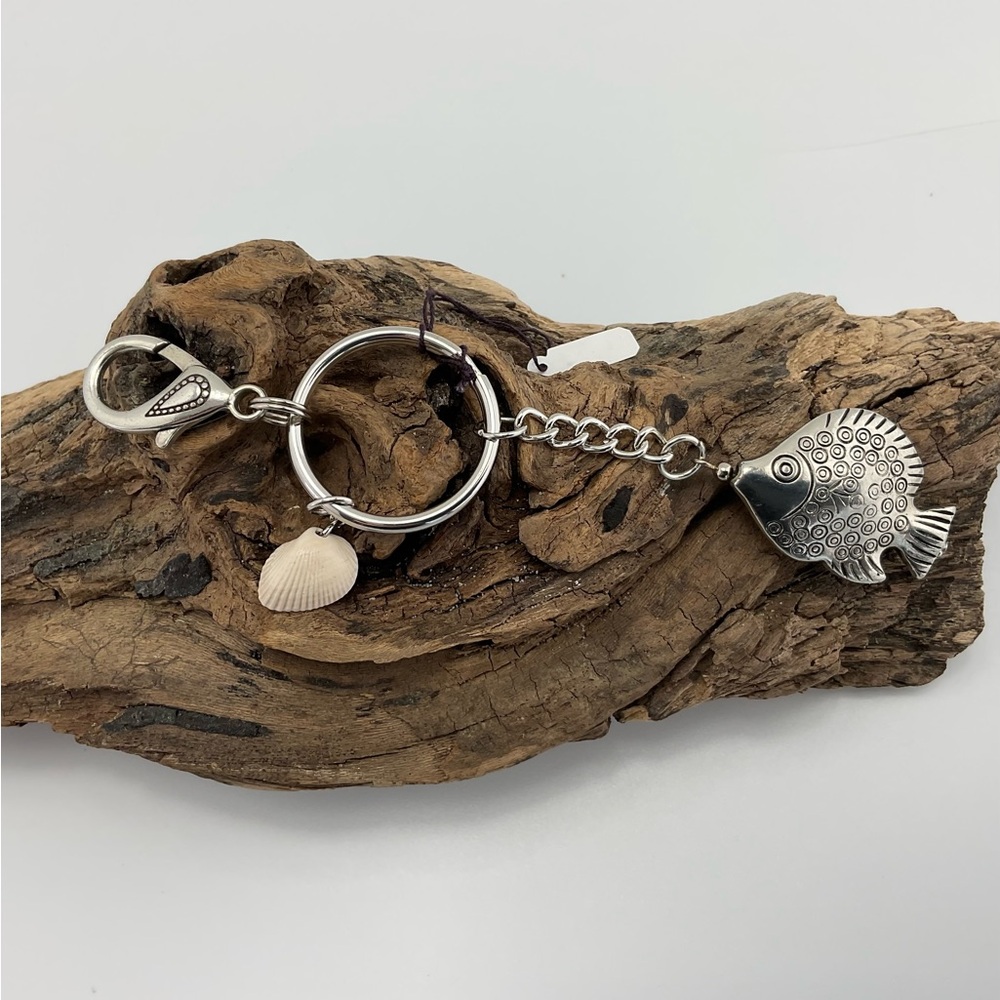 Silver Fish Keychain with Sea Shell Charm, Purse Charm, Key Ring, Fish #1 - Picture 5 of 6